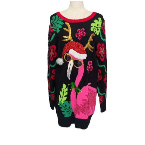 Blizzard Bay Holiday Flamingo Black Pink Sequin Ugly Sweater Christmas Party XL - Picture 1 of 7